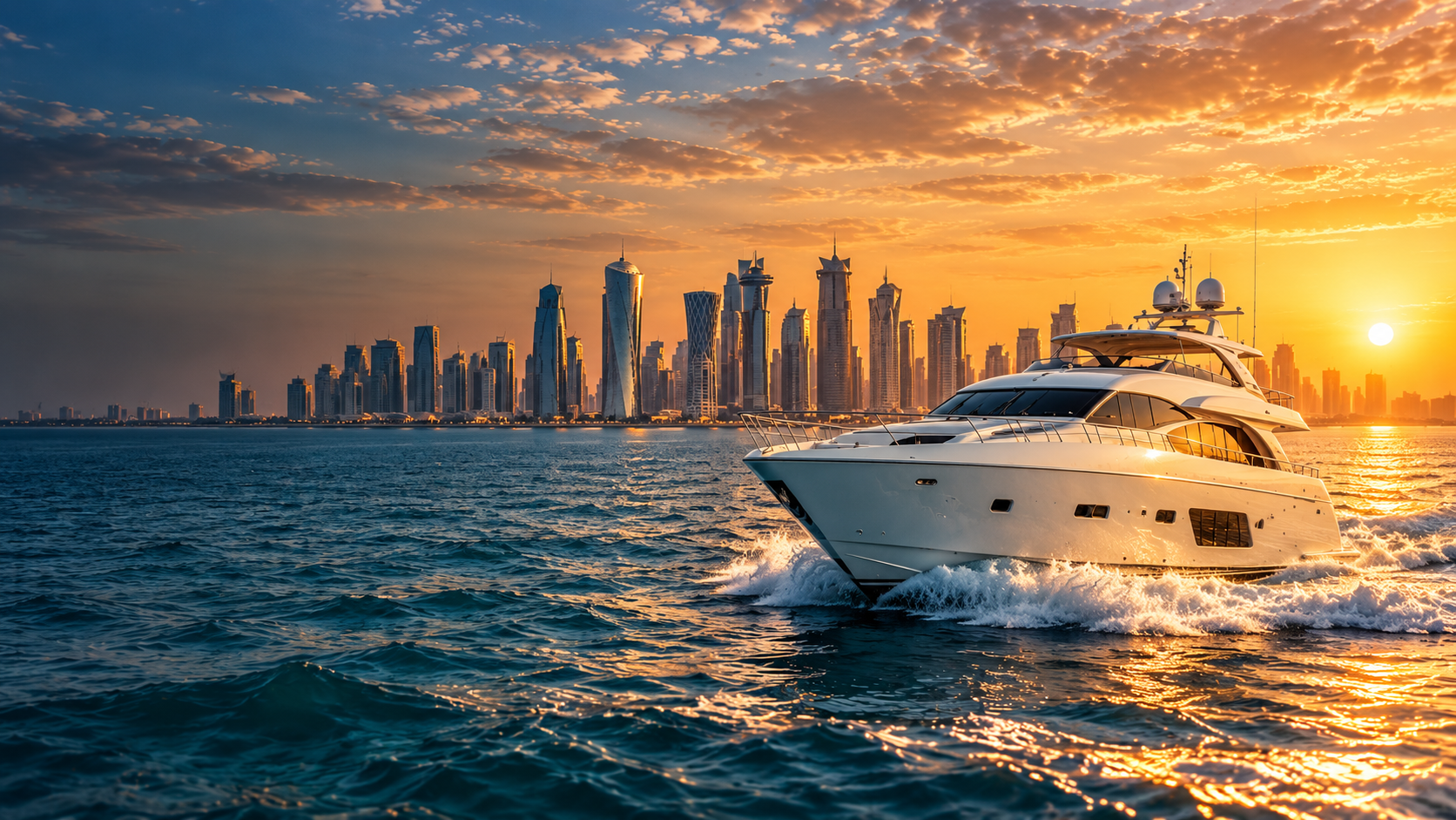 Doha skyline glowing above the waterfront