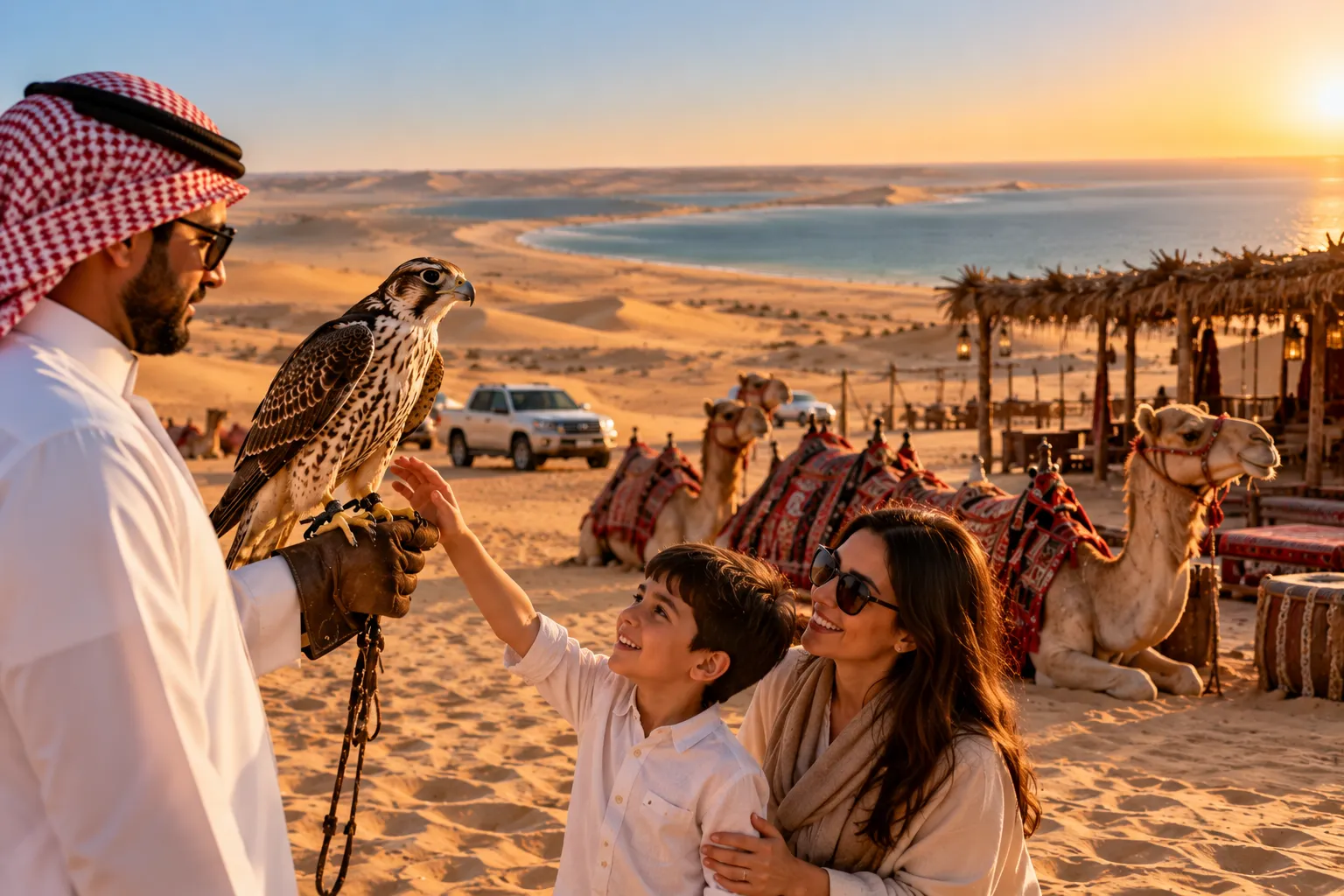 Traditional camel and falcon experience