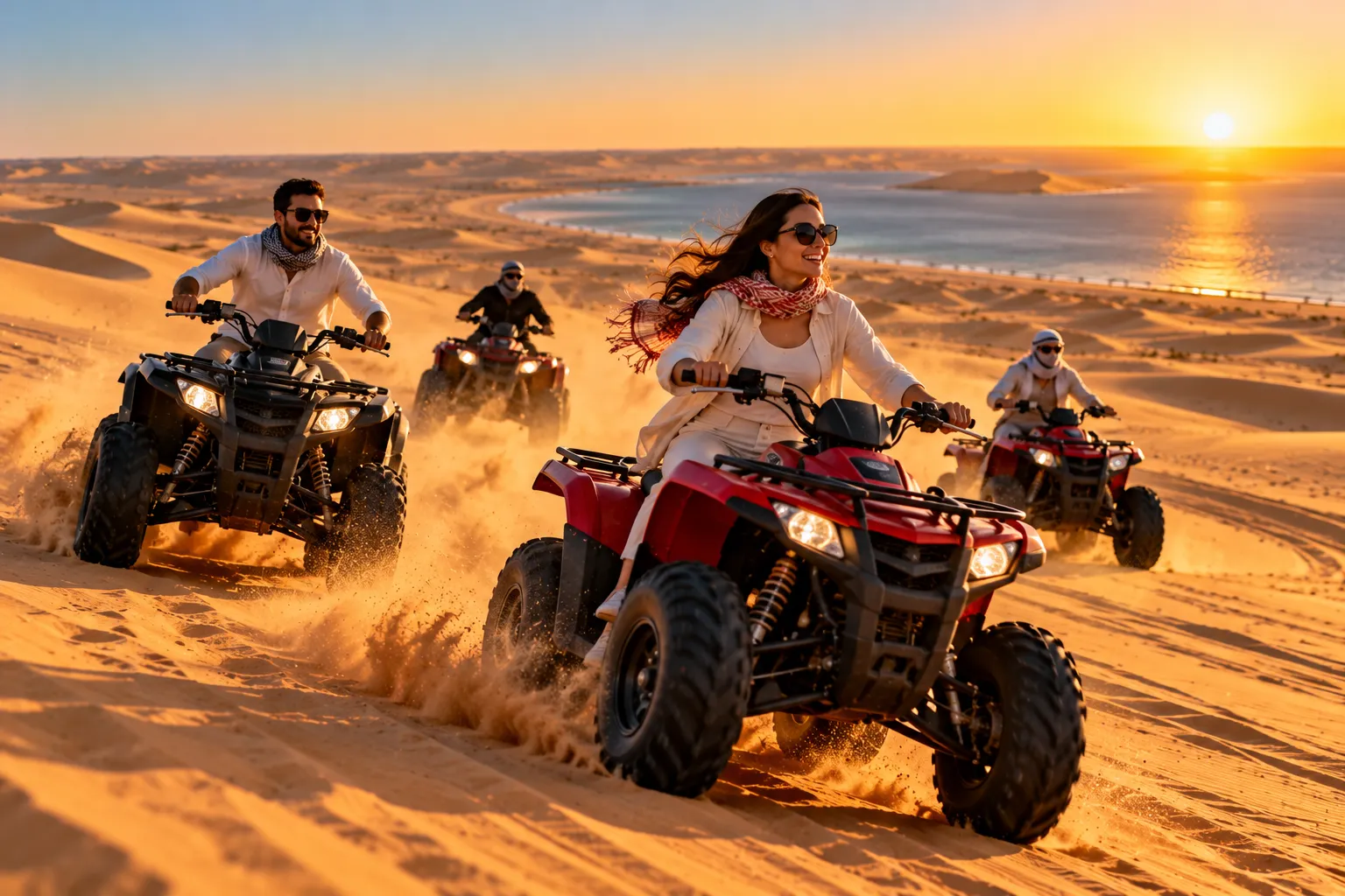 Quad biking across desert sand