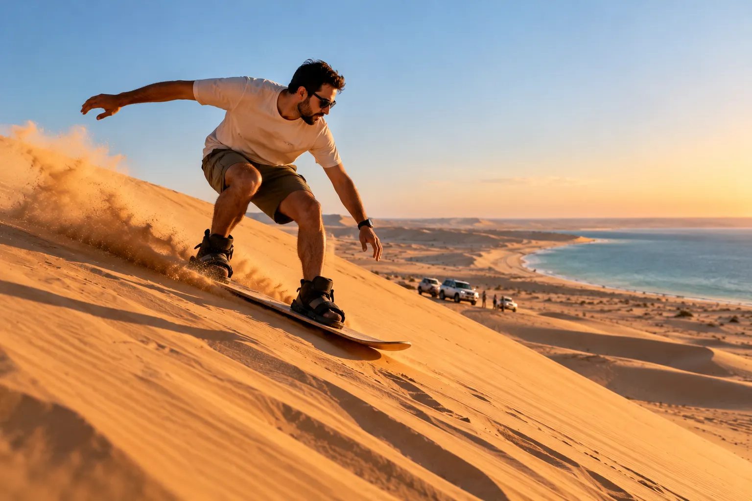 Sandboarding on a desert dune