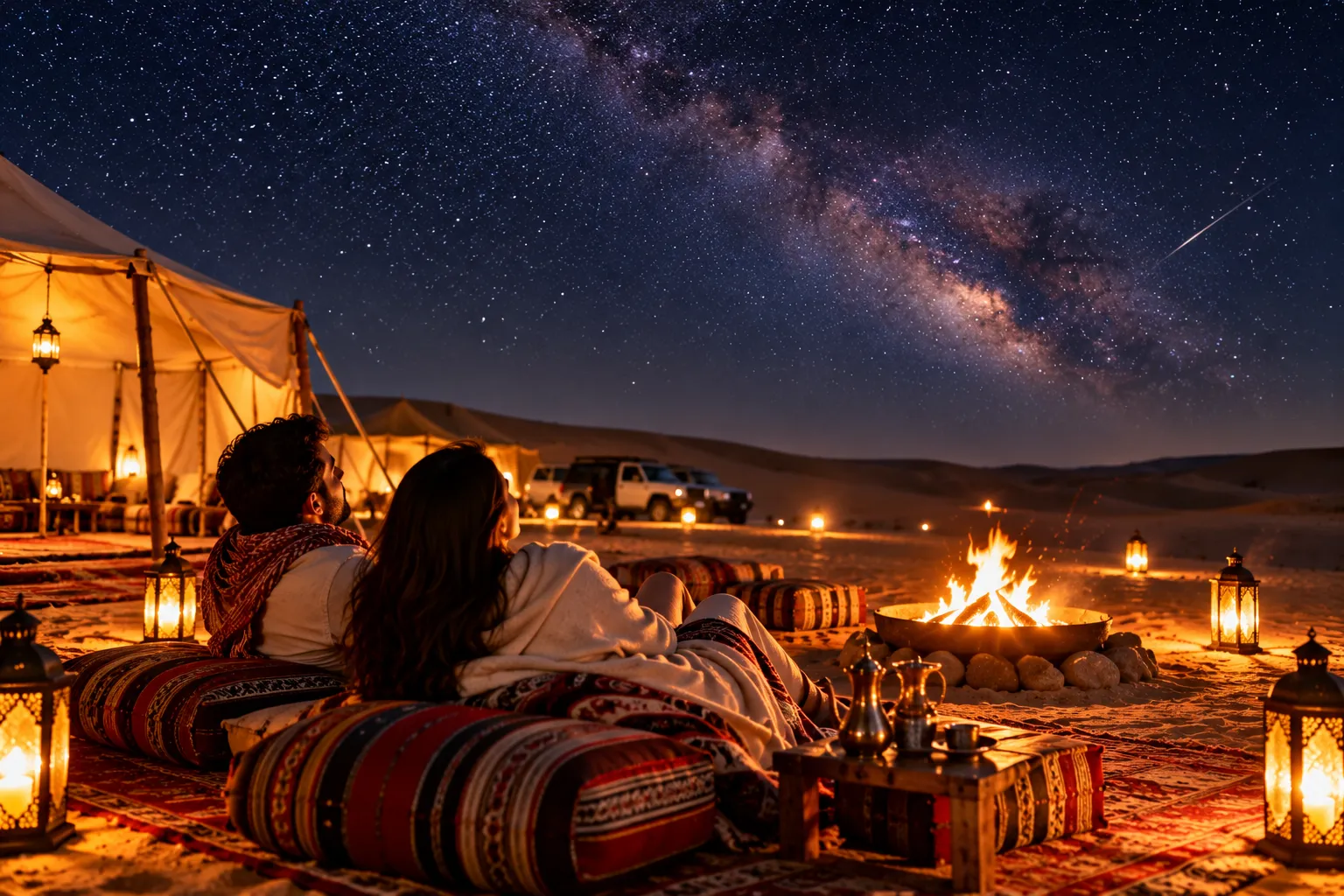 Desert camp beneath a starry night sky